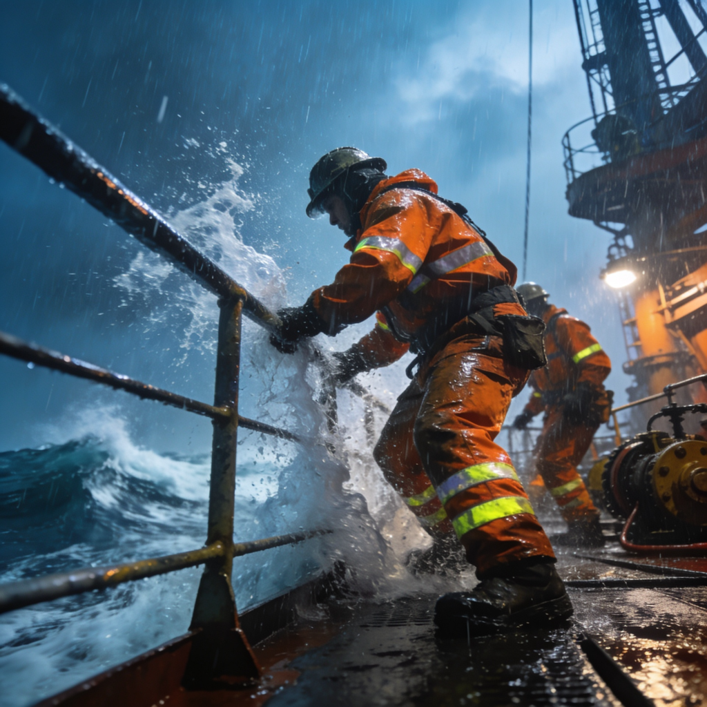 Home 1 magnific ocean oil rig workers on deck in heavy rain wet re 79321