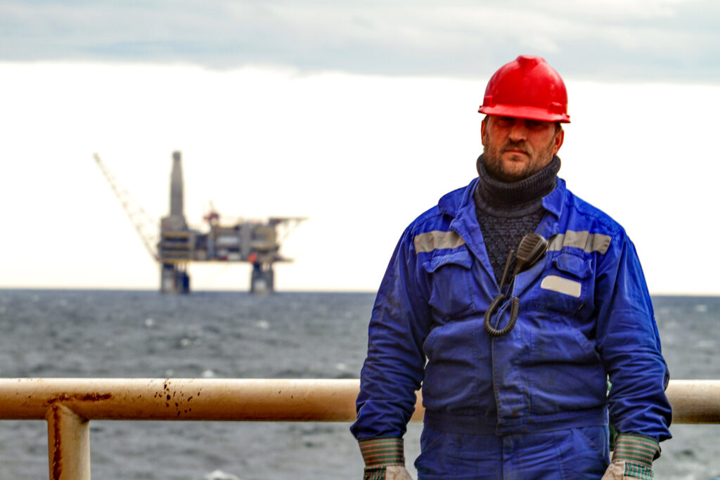 Home 3 oilman shift workers deck ship background offshore oil shelf planforms work way work 1